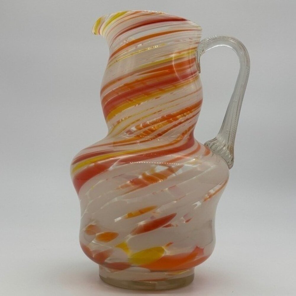 Vintage Italian Blown Glass Pitcher in the Manner of Murano, Orange, Red, Yellow
